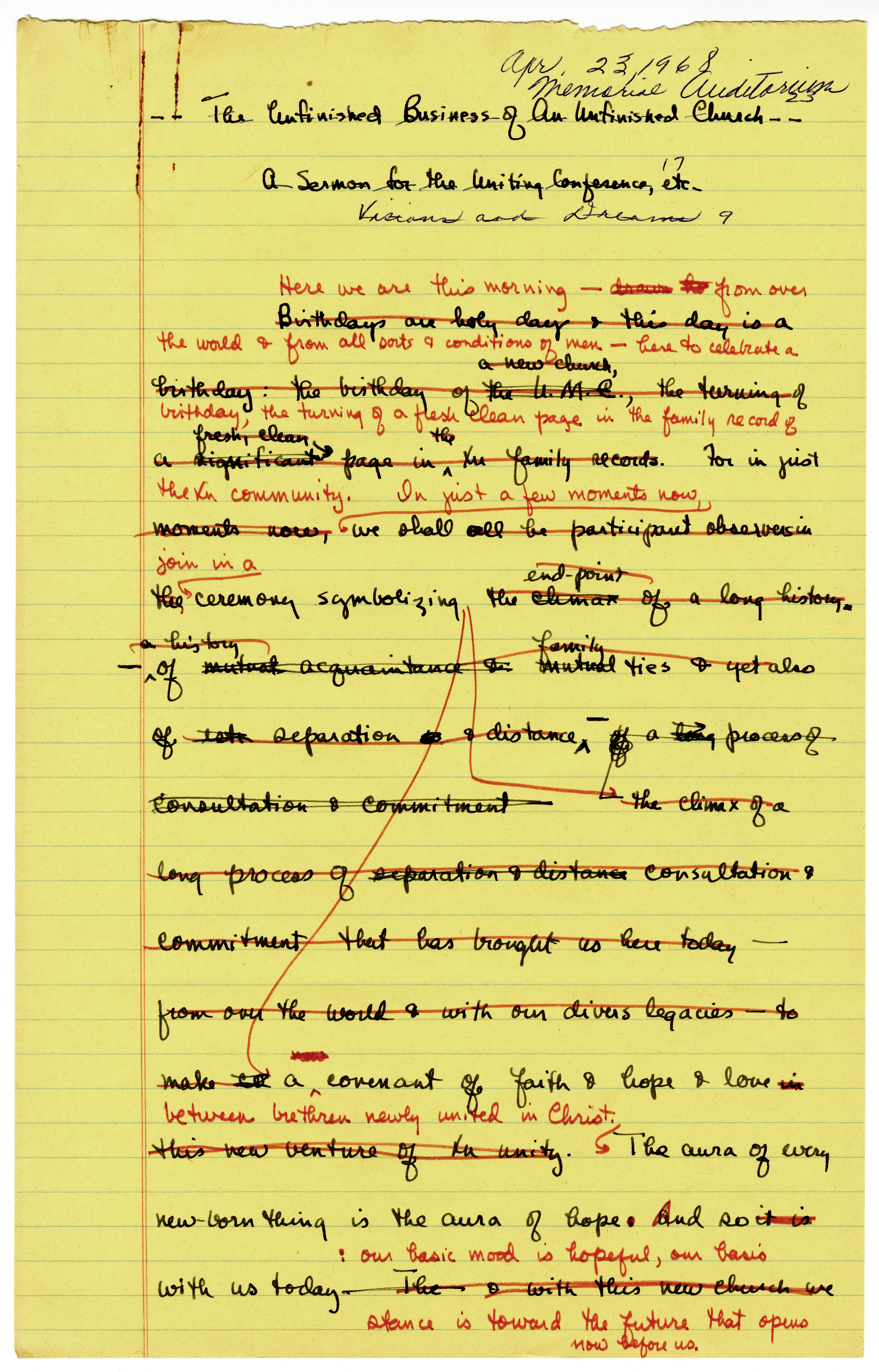 The Albert C. Outler papers at Bridwell Library include a draft of the sermon he preached at the 1968 Uniting Conference, officially creating The United Methodist Church. Photo courtesy of Bridwell Special Collections, Southern Methodist University
