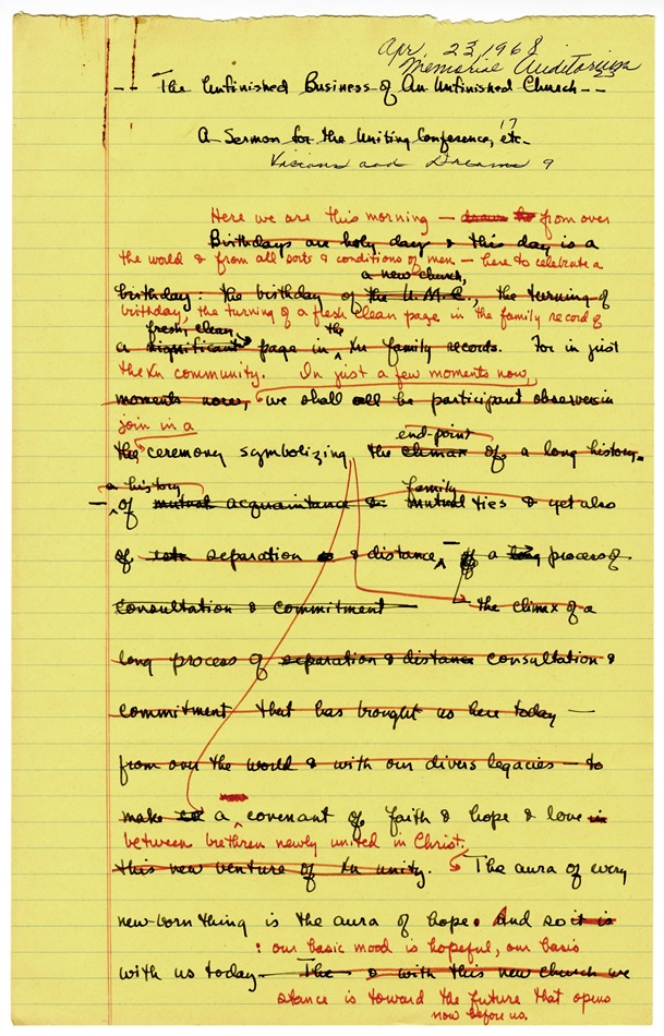 The Albert C. Outler papers at Bridwell Library include a draft of the sermon he preached at the 1968 Uniting Conference, officially creating The United Methodist Church. Photo courtesy of Bridwell Special Collections, Southern Methodist University