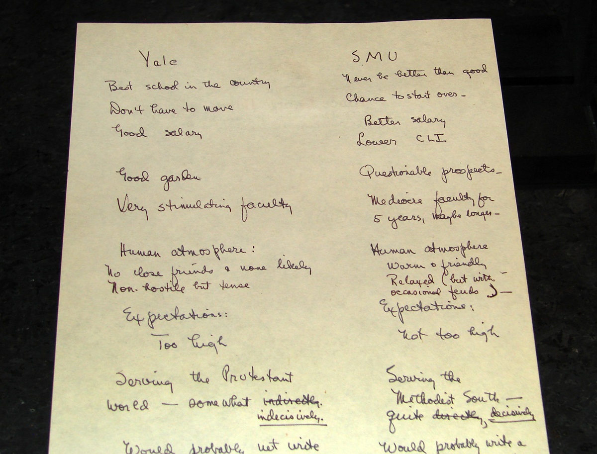 Albert C. Outler used a legal pad to work through his decision about whether to leave Yale Divinity School for Perkins School of Theology at Southern Methodist University. Photo by Sam Hodges, UMNS