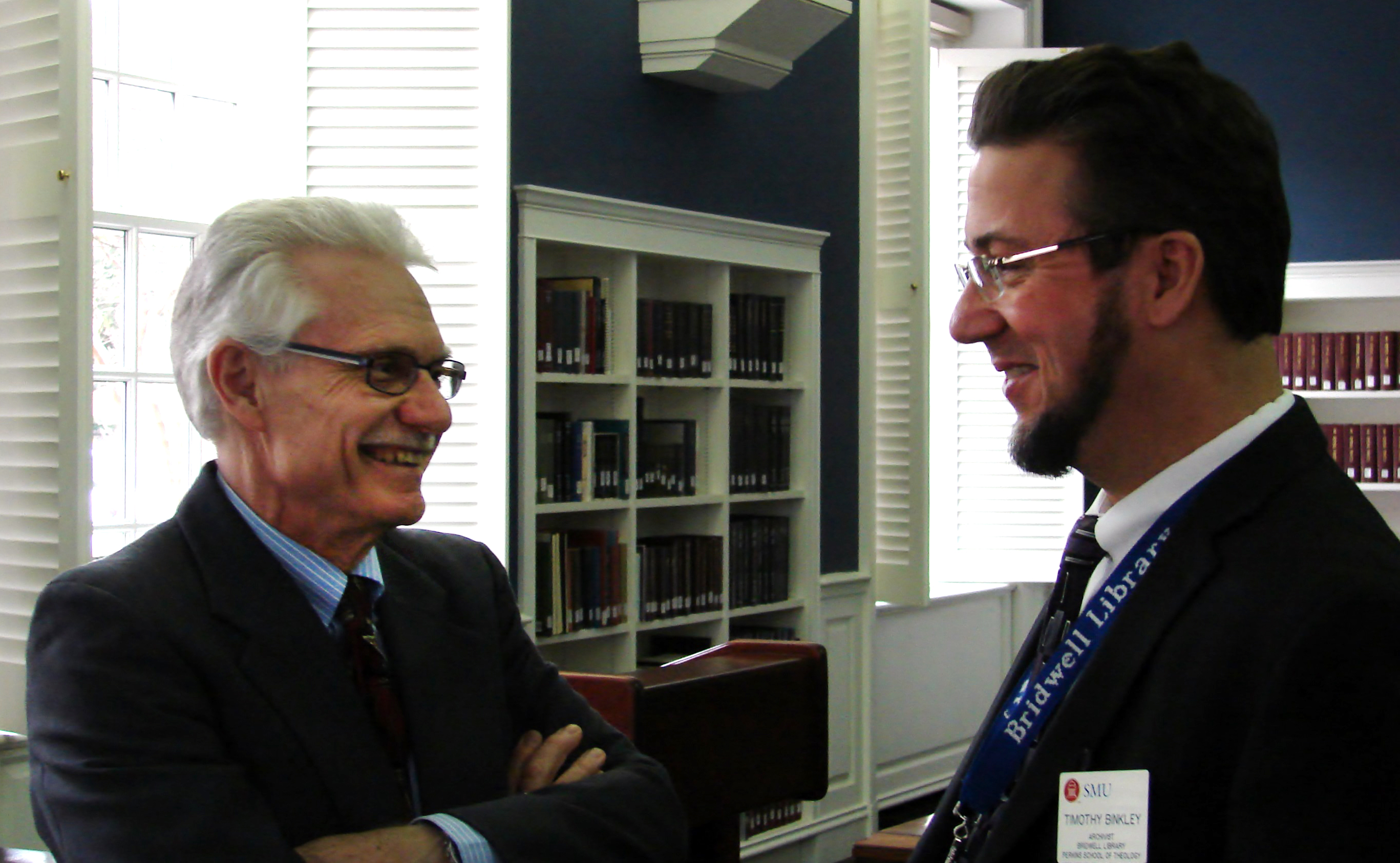 In February, Leicester Longden (l) gave a lecture at Bridwell Library on the legacy of United Methodist scholar Albert C. Outler. With Longden is Timothy Binkley, a Bridwell archivist who oversaw the reorganization of Outler’s papers. Photo by Sam Hodges, UMNS 