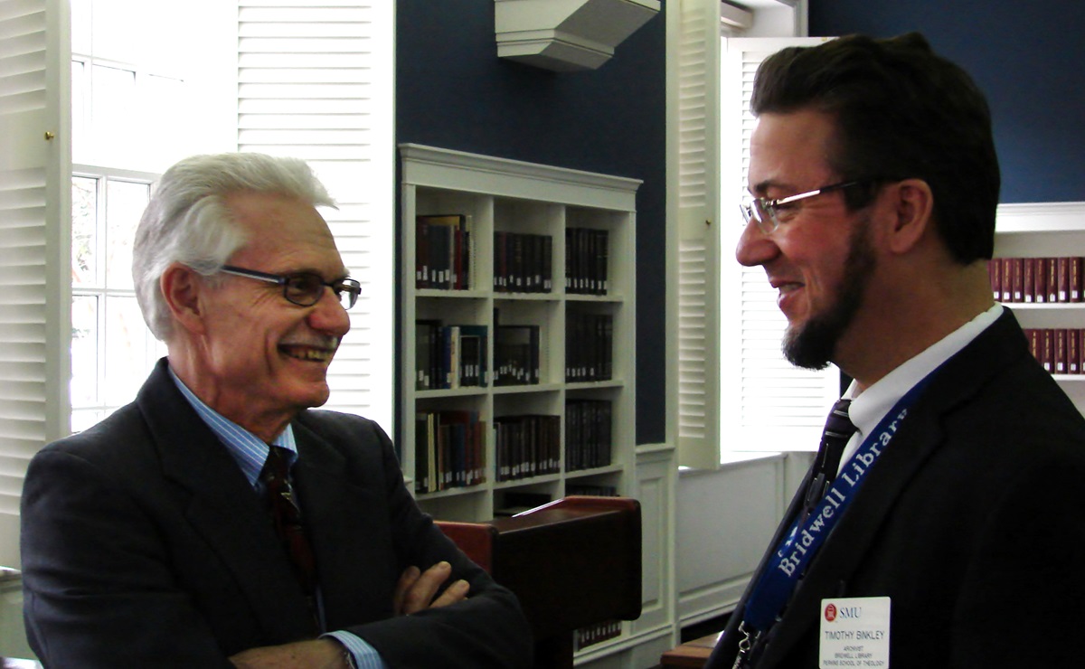 In February, Leicester Longden (l) gave a lecture at Bridwell Library on the legacy of United Methodist scholar Albert C. Outler. With Longden is Timothy Binkley, a Bridwell archivist who oversaw the reorganization of Outler’s papers. Photo by Sam Hodges, UMNS 