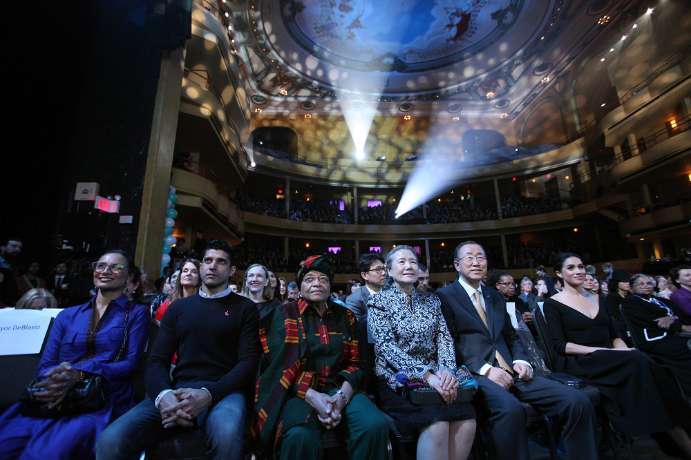 Liberian President Ellen Johnson Sirleaf, a United Methodist, center left, joins U.N. Secretary-General Ban Ki-moon, center right, and his wife, Yoo Soon-taek, center, at a March 10 special event, "Planet 50-50 by 2030: Step It Up for Gender Equality," marking the 20th anniversary of the Beijing Declaration and Platform for Action. Photo by Ryan Brown, U.N.