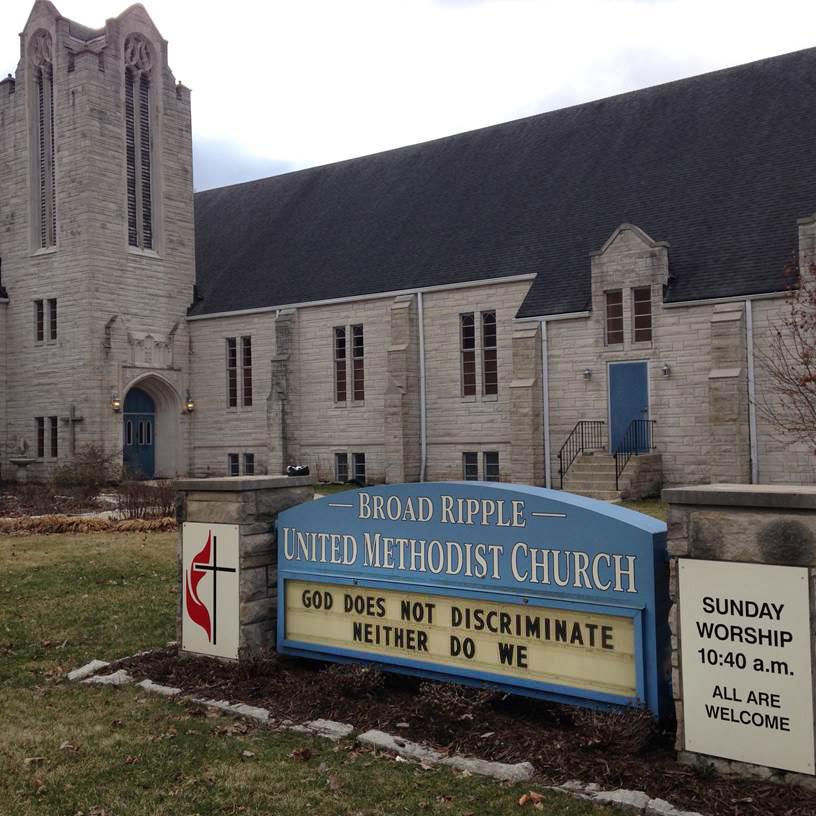 A church sign at Broad Ripple United Methodist Church in Indianapolis, Indiana, points to concerns over the state’s new religious freedom law.  Photo courtesy of Broad Ripple UMC