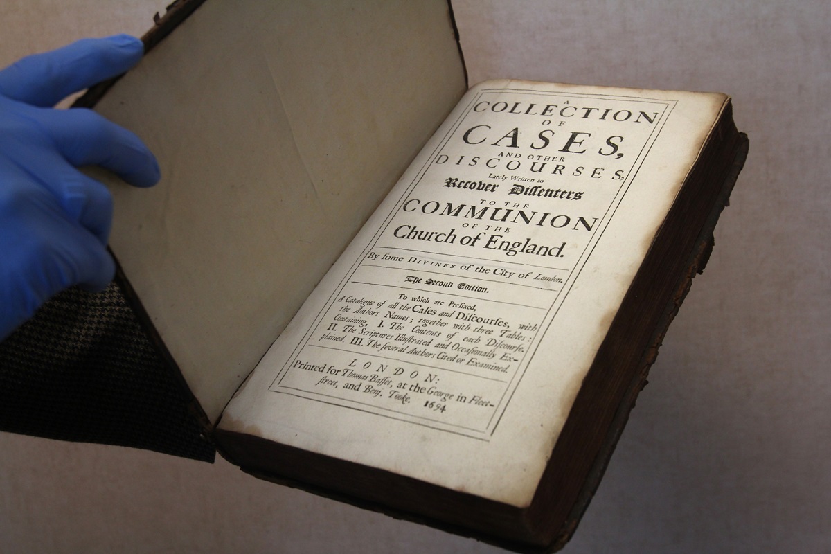 A Collection of Cases and other Discourses lately written to recover Dissenters to the Church of England" (London) 1694,  is one of the Rare books found in the archives of the United Methodist Publishing House in Nashville"  Photo by Kathleen Barry, United Methodist Communications 