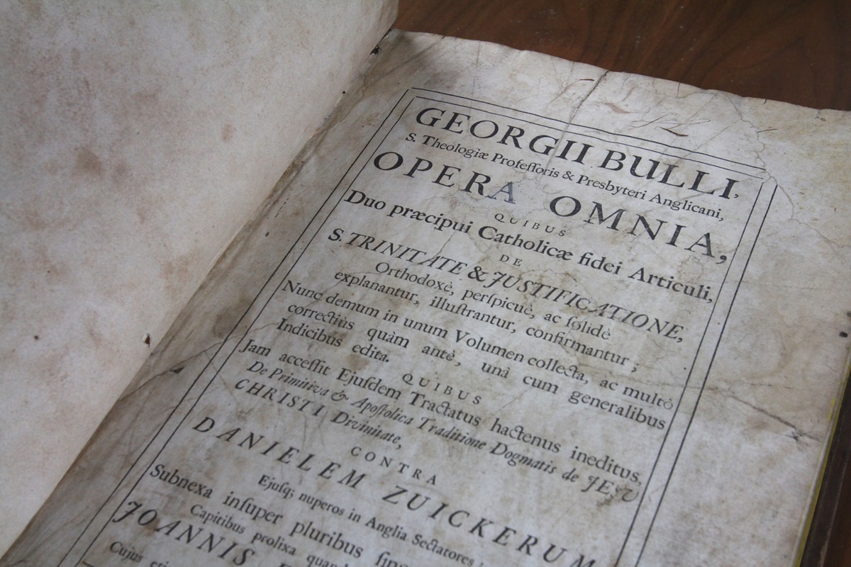 Rare books from predecessor Methodist publishing operations have ended up at The United Methodist Publishing House in Nashville. This 1703 edition of “The Works of George Bull” is one example. Photo by Kathleen Barry, United Methodist Communications