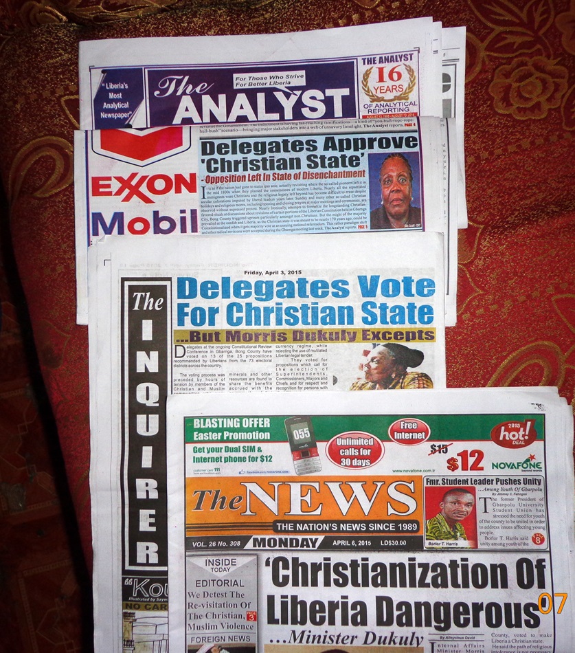 Liberian newspapers carried big headlines about the proposal to amend the constitution to declare Liberia a Christian nation. Photo by Julu Swen, UMNS