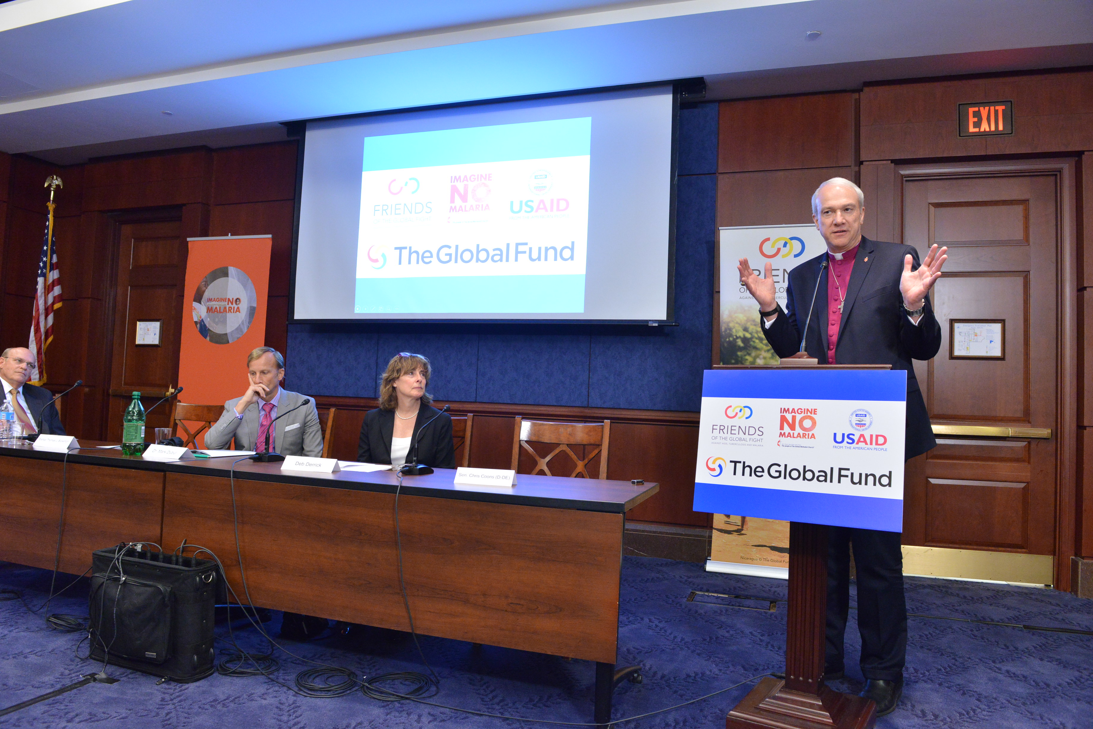 Bishop Thomas Bickerton speaks at the U.S. Capitol as Imagine No Malaria, an initiative of the people of The United Methodist Church, presents $9.6 million to the Global Fund to prevent malaria deaths. Photo by Jay Mallin, UMNS