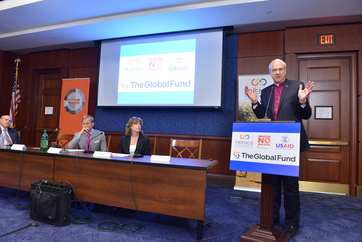 Bishop Thomas Bickerton speaks at the U.S. Capitol as Imagine No Malaria, an initiative of the people of The United Methodist Church, presents $9.6 million to the Global Fund to prevent malaria deaths. Photo by Jay Mallin, UMNS