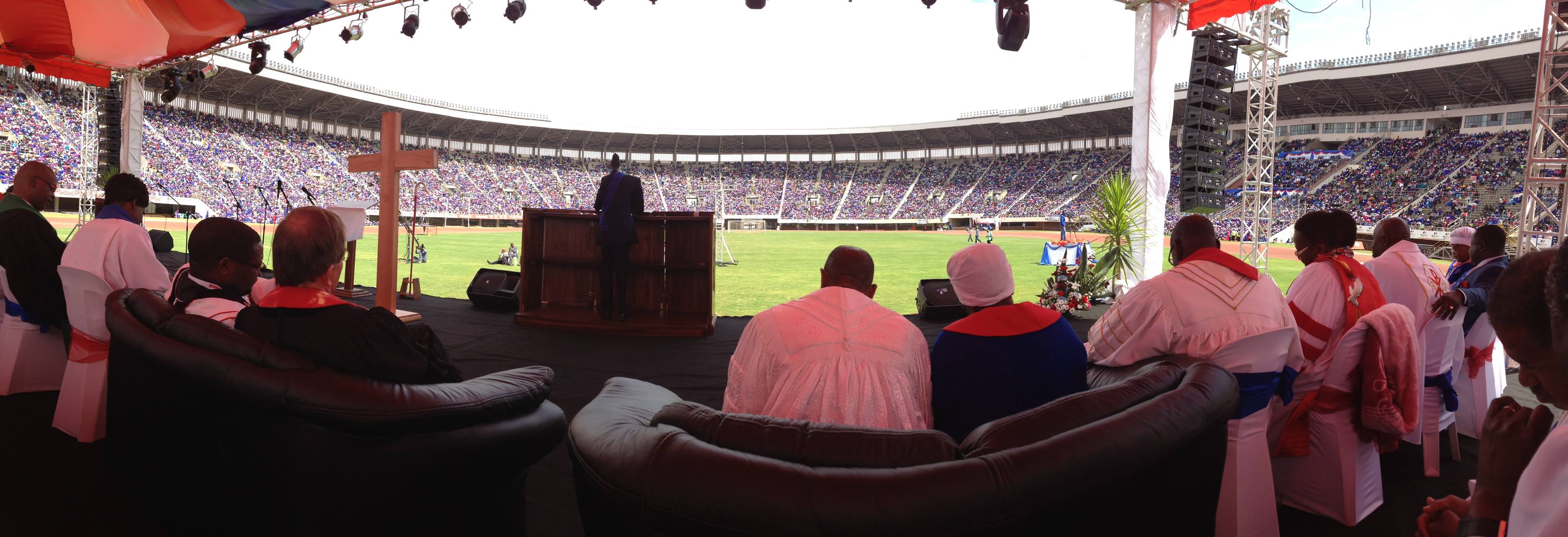 United Methodist leaders in Zimbabwe hope to host a General Conference, but questions remain about the country's treatment of gay individuals. Church leaders say the city of Harare could certainly handle the crowd, since the city hosts the Ebenezer Convention. That United Methodist gathering, shown in a 2014 photo, drew some 55,000 worshippers to Harare. Photo by Maidstone Mulenga.