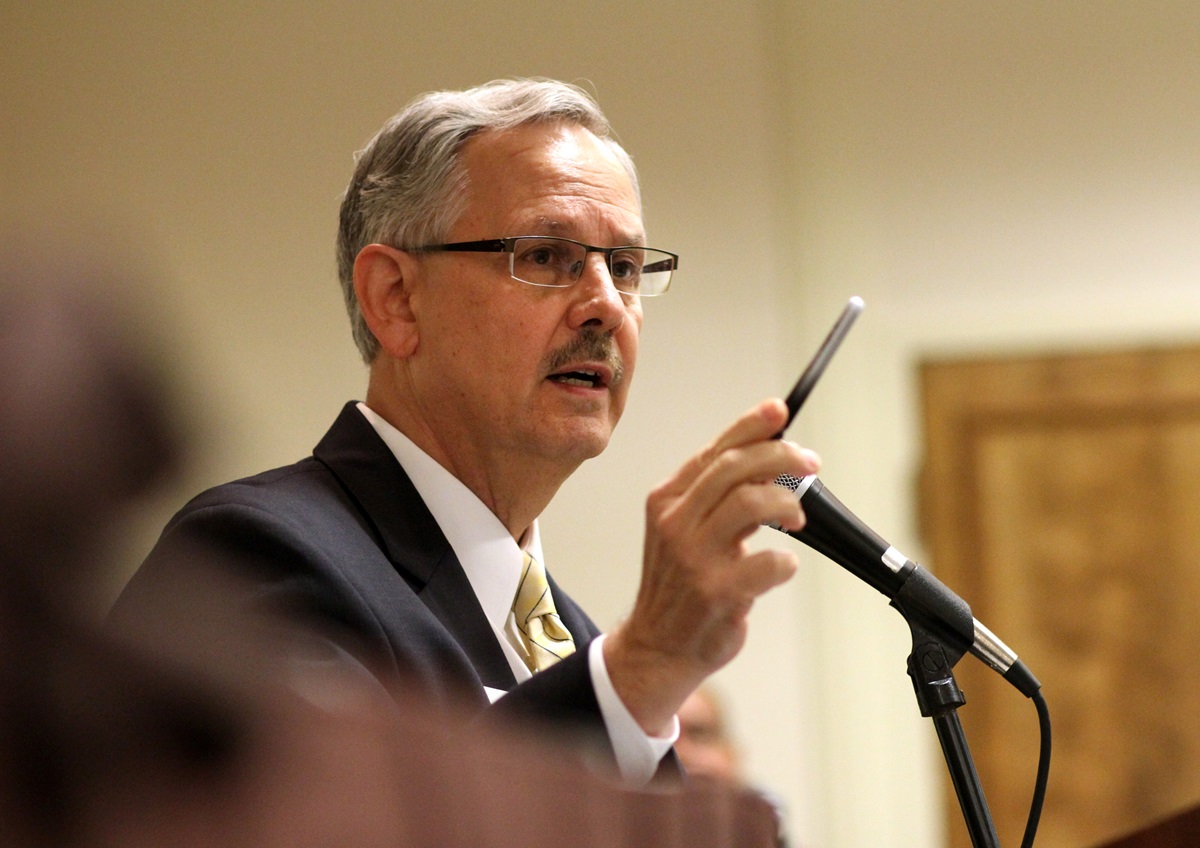 Bishop Bruce R. Ough speaks during a May 18 meeting where the Connectional Table approved legislation that, if adopted by General Conference, would change some of the denomination’s rules regarding homosexuality. Photo by Kathleen Barry, UMNS