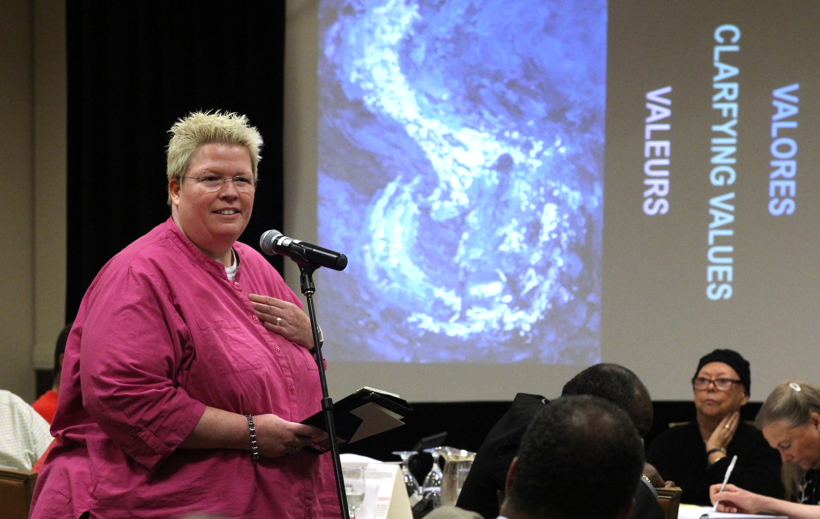 The Rev. Amy DeLong of Love Prevails speaks to the Connectional Table. Photo by Kathleen Barry, UMNS