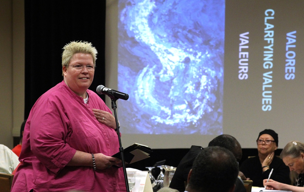 The Rev. Amy DeLong of Love Prevails speaks to the Connectional Table. Photo by Kathleen Barry, UMNS