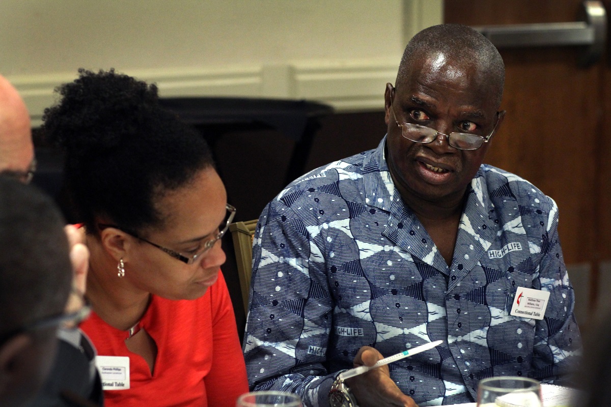 Matthew “Theo” Williams of Liberia, representing the West Africa Central Conference, joins in the small-group discussion at the Connectional Table’s May 18 meeting in Nashville, Tenn. Photo by Kathleen Barry, UMNS 