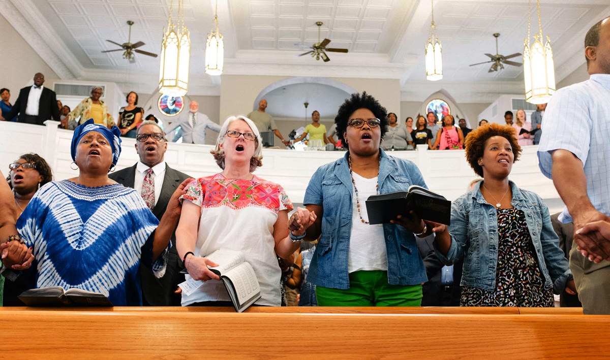 About 150 people, including United Methodists, attended a June 19 ecumenical prayer service at St. John’s African Methodist Episcopal Church in Montgomery, Ala., in response to the church shootings at Emanuel AME Church in Charleston, S.C. Photo by Luke Lucas