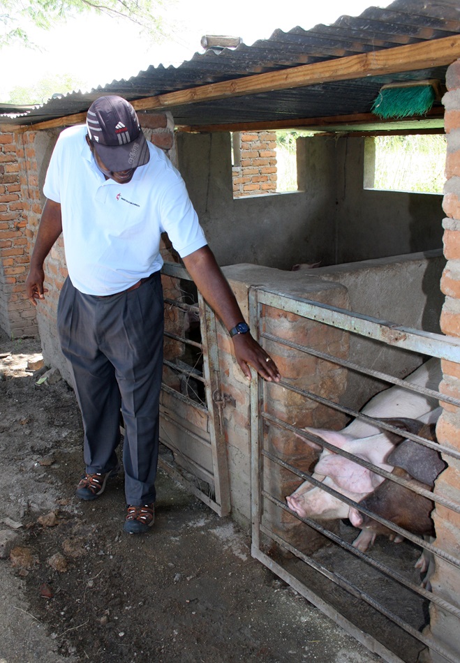 The Rev. Forbes Matonga, pastor-in-charge at the Nyadire United Methodist Mission, shows off the piggery that provides food and income for Home of Hope orphanage. 