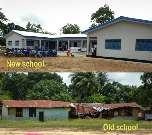 (Top) Early arrivals at the new building sit and wait for the dedication ceremony. (Bottom) The old school building contrasts sharply with the improved building. 