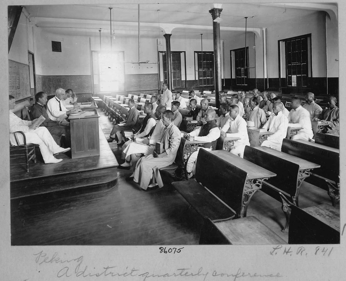 Methodism’s early reach into China can be seen in this undated photograph of a district quarterly meeting in Peking, now Beijing. 