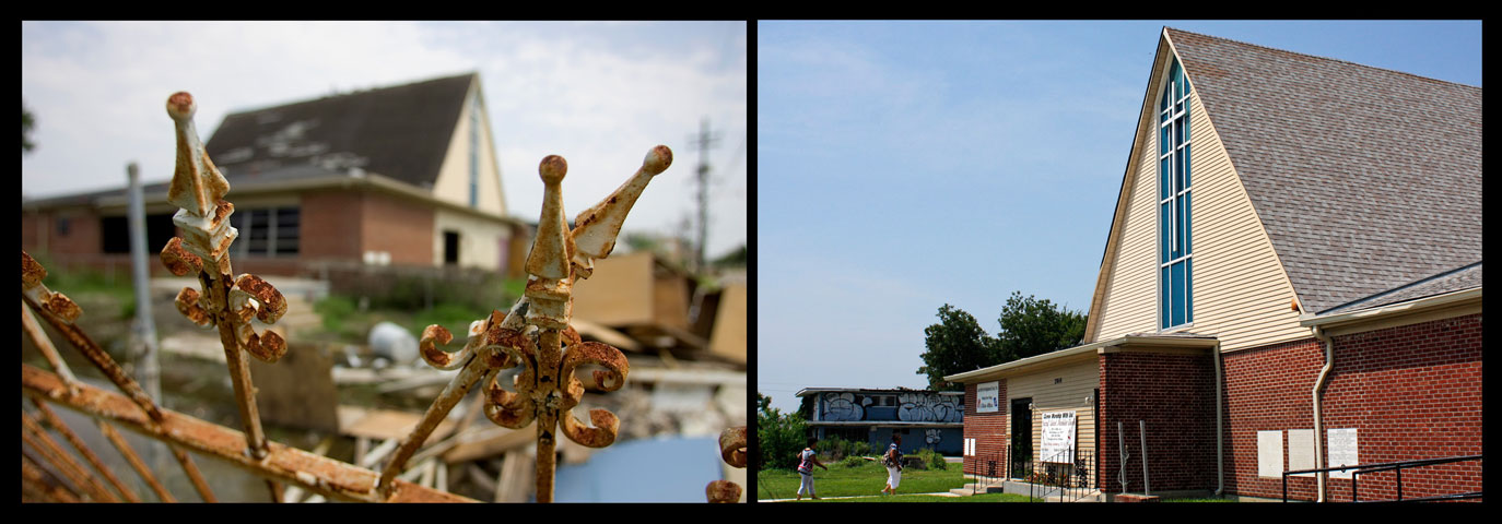 Photos show Hartzell United Methodist Church in New Orleans after it was hit by the storm and today. UMNS photos by Mike DuBose, left, Ronny Perry, right.