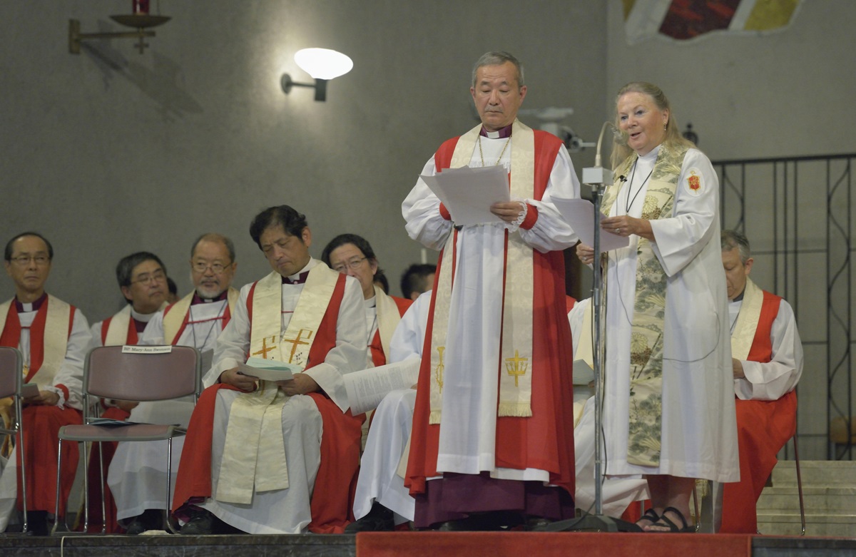 United Methodist Bishop Mary Ann Swenson, vice-moderator of the World Council of Churches’ Central Committee, preaches at an ecumenical memorial service in the Catholic Memorial Cathedral for World Peace in Hiroshima, Japan, Aug. 5. Photo by Paul Jeffrey,WCC