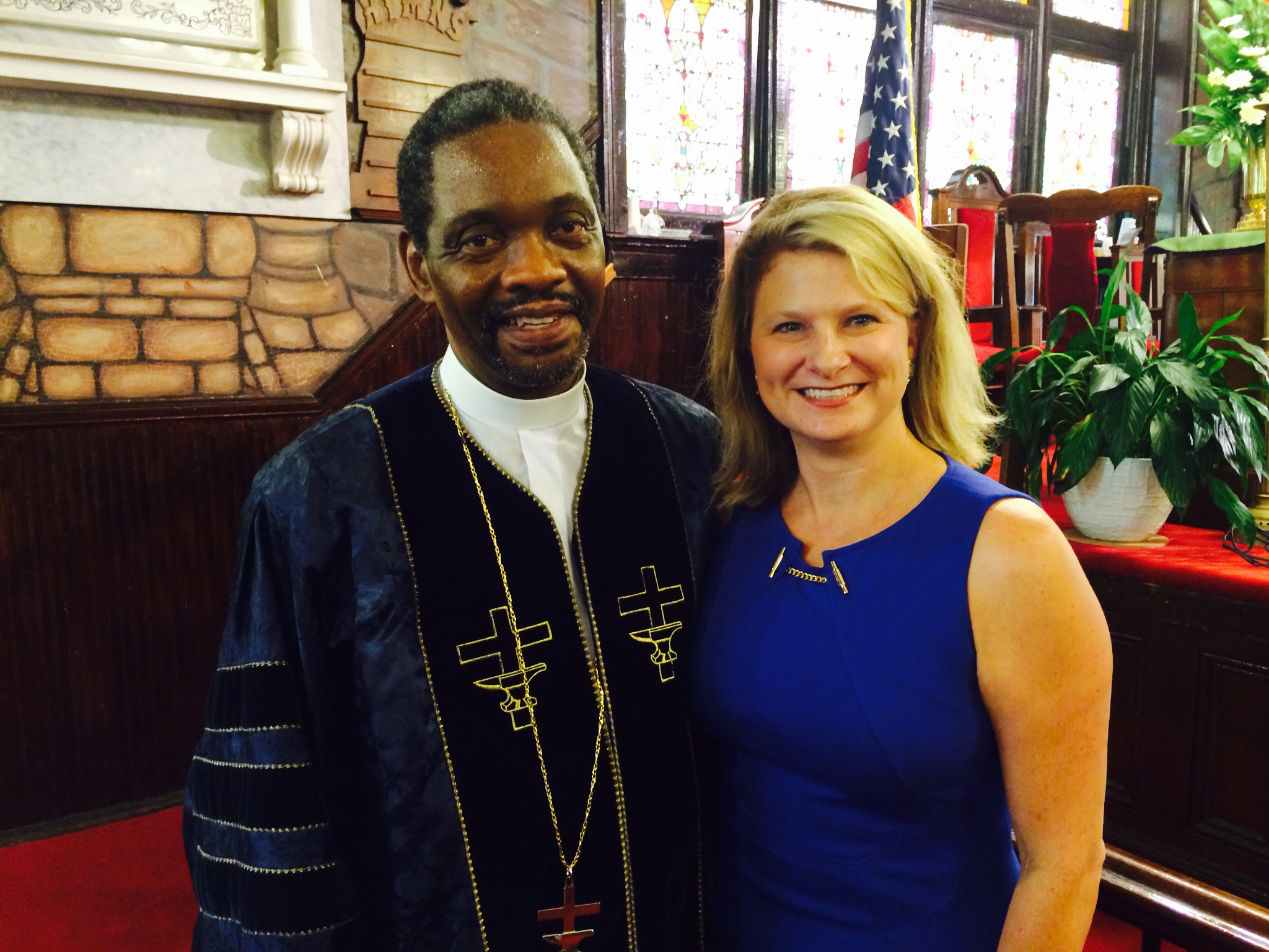 South Carolina State Rep. Jenny Horne (right) worshiped Aug. 23 at Emanuel AME Church in Charleston, S.C., where the sermon was given by the Rev. Elder Goff (left). Horne, a United Methodist, helped persuade the legislature to remove the Confederate flag from state Capitol grounds. Photo courtesy Rep. Horne's office.