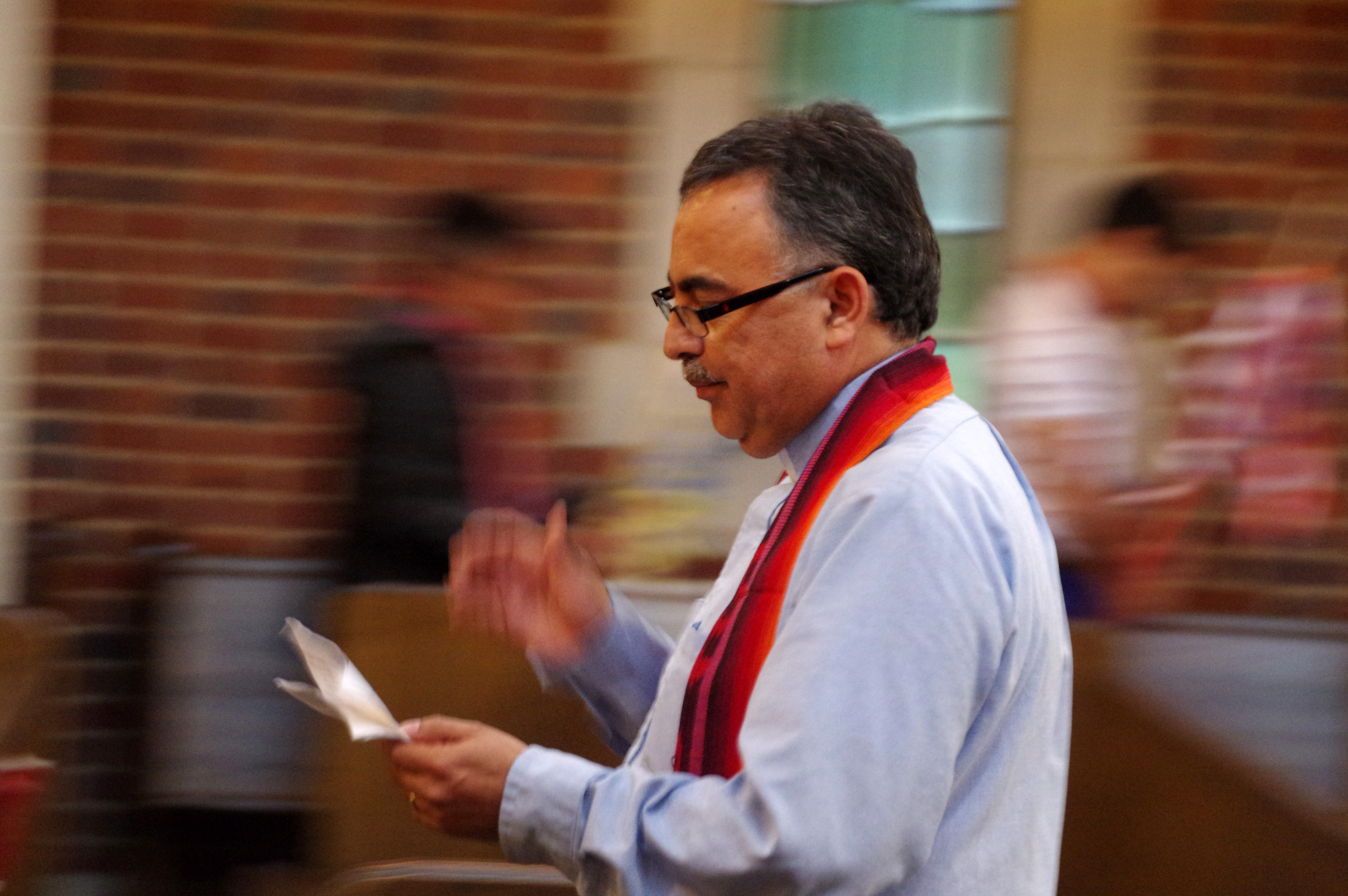 The Rev. David Martinez prepares to led the September 11 remembrance march from Scarritt Bennett to the Vanderbilt University chapel.  Photo by Gustavo Vasquez, United Methodist Communications
