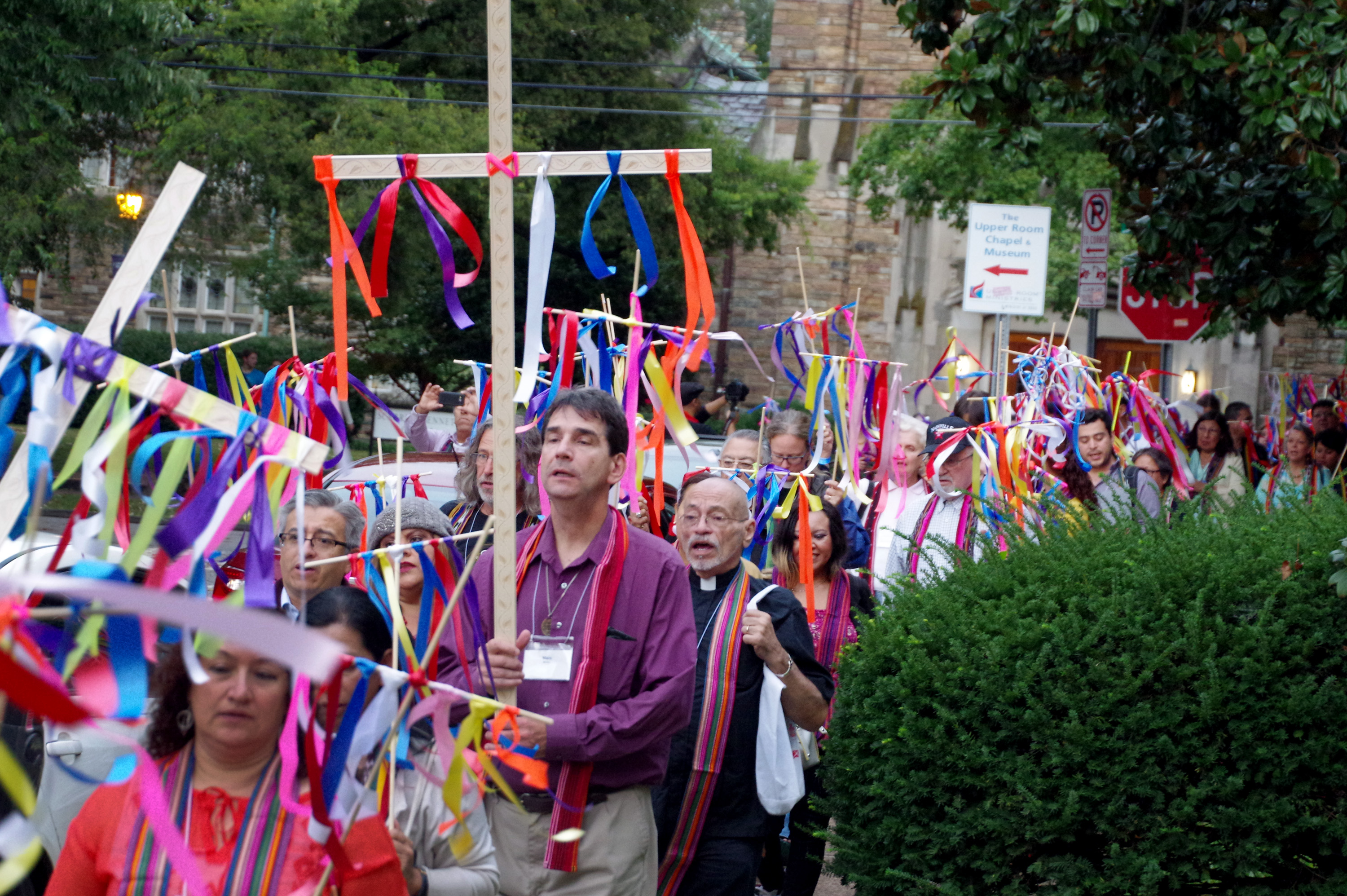 A group of clergy and lay leaders from six different Christian denominations march from Scarritt Bennett to the Vanderbilt University chapel in remembrance of the victims of Sept. 11. Photo by Gustavo Vasquez, United Methodist Communications