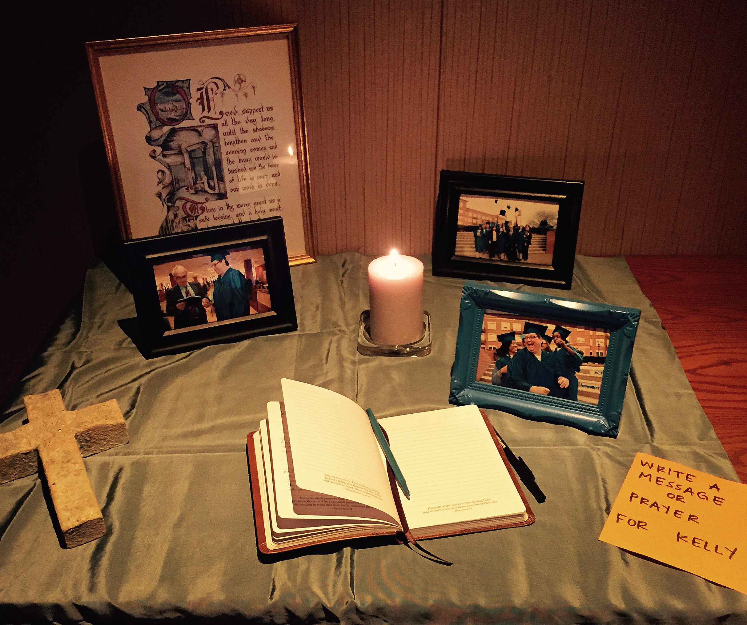 Pictures of Kelly Gissendaner and a journal are available to students on Emory University’s Candler School of Theology campus to write prayers and notes. 