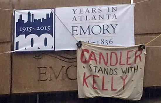 A sign in support of Kelly Gissendaner is displayed at Emory University. 