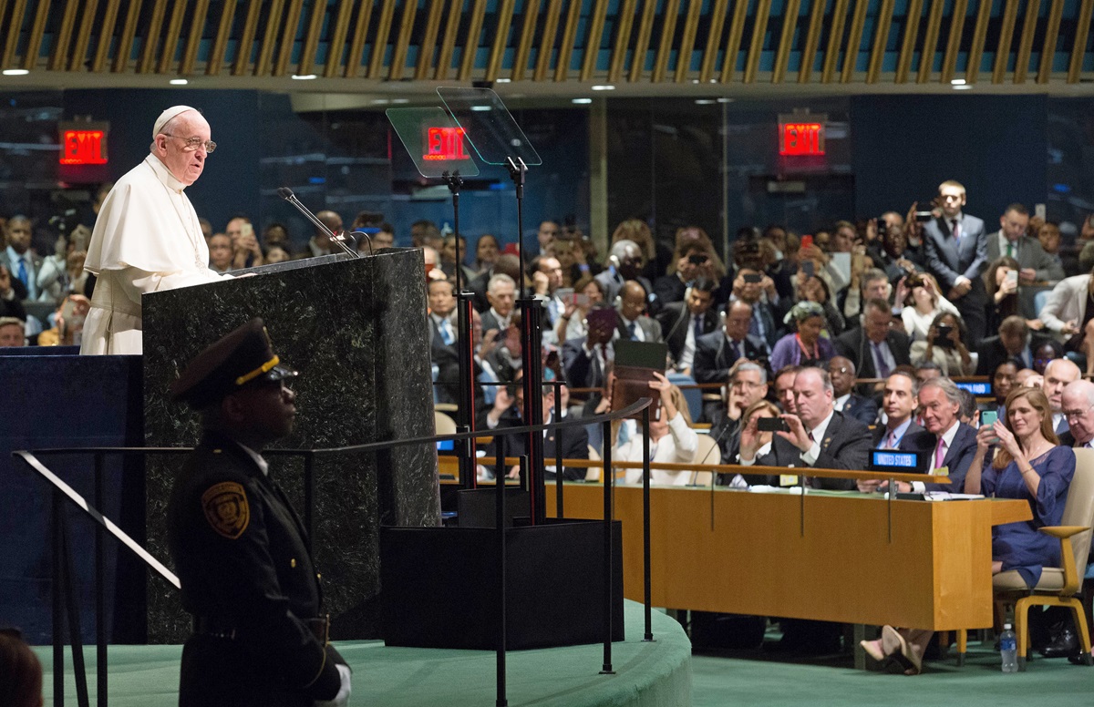 Pope Francis spoke about climate change when addressing the General Assembly during his visit to United Nations headquarters on Sept. 25. UN Photo, Evan Schneider