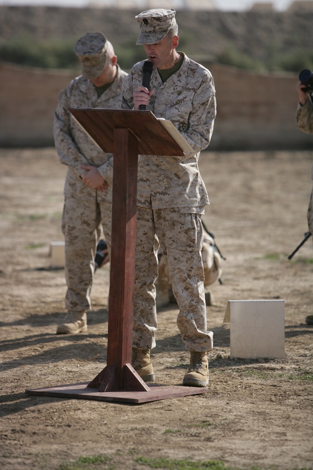 The Rev. Richard Pusateri, former senior supervisory chaplain for the U.S. Marine Corps preaching to troops in Habbaniyah Al-Anbar Province, Iraq. Photo courtesy of United Methodist Men. 