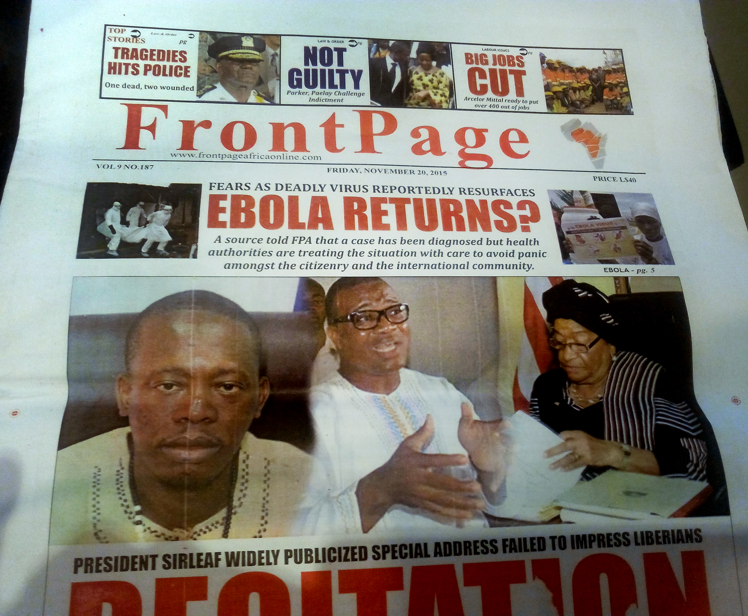 The front page of Liberia’s leading investigative news magazine questions the presence of the Ebola virus in the country.