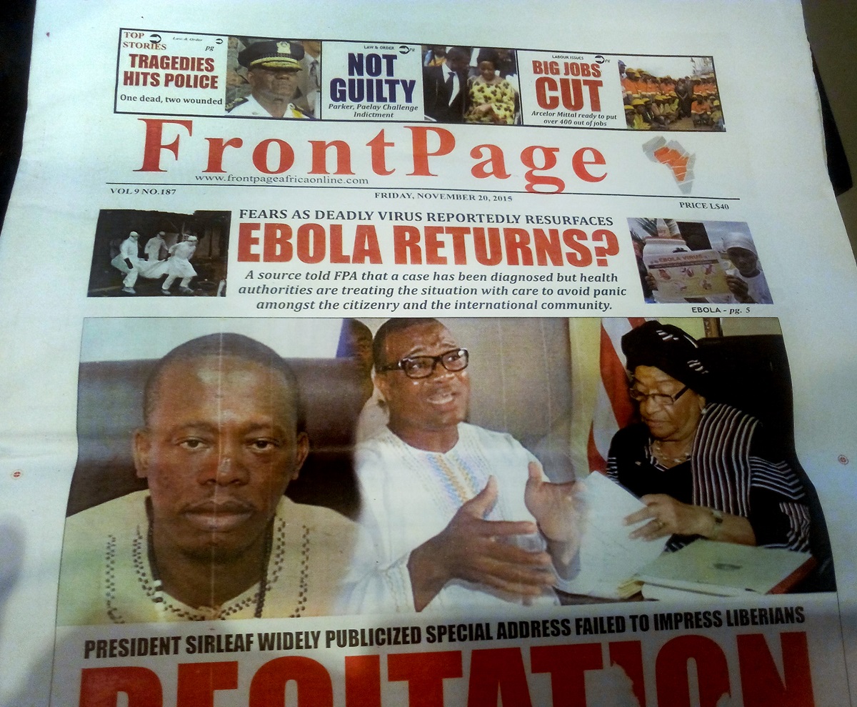 The front page of Liberia’s leading investigative news magazine questions the presence of the Ebola virus in the country.