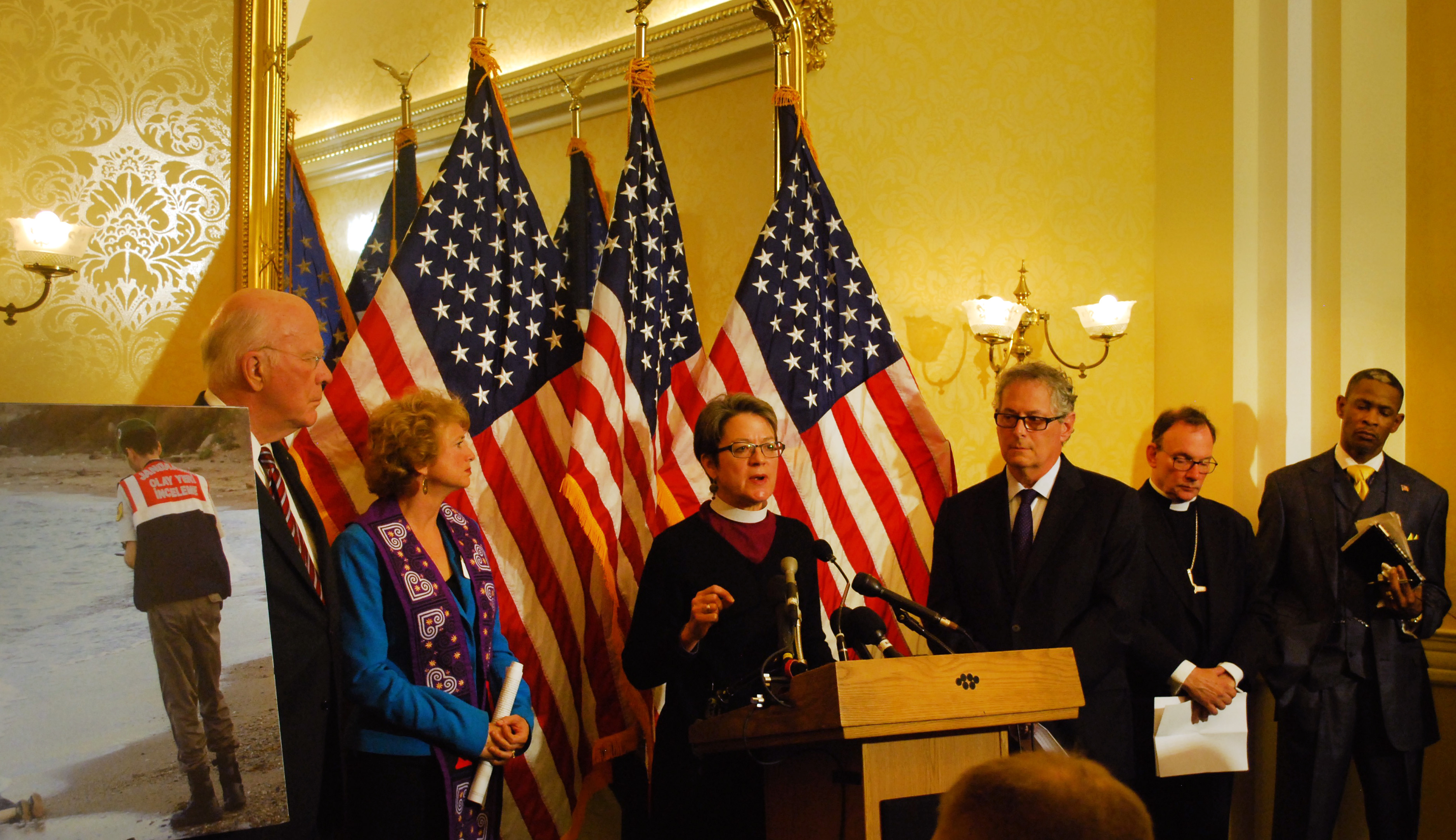United Methodist Bishop Sally Dyck joined other national faith leaders and senators speaking on welcoming Syrian refugees during a Capitol Hill press conference on Dec. 8.