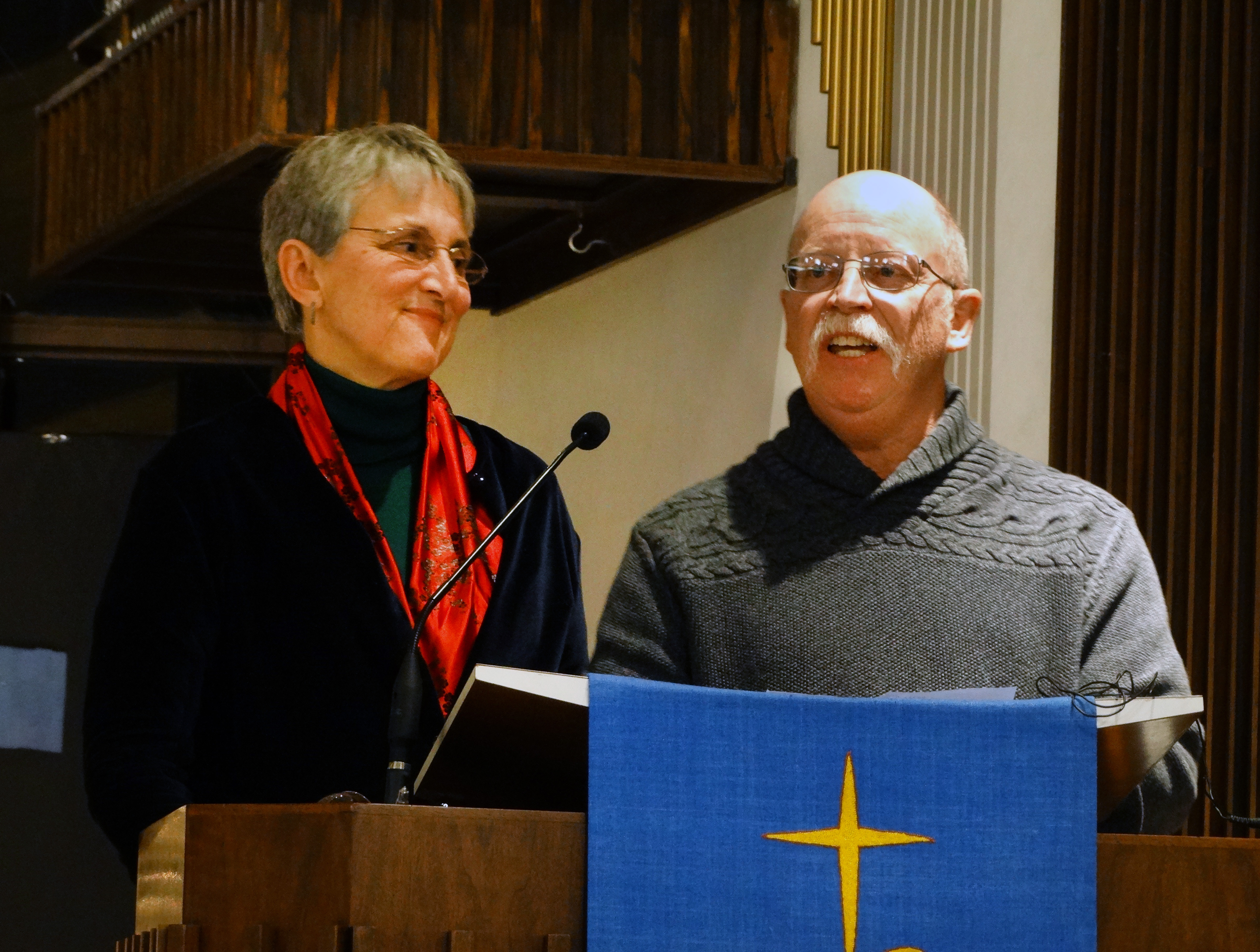 Paula and Ed Kissig, members of Epworth United Methodist Church in Indianapolis, speaking at a Dec. 11 event in support of Syrian refugees. Their son, Abdul-Rahman Peter Kassig, was murdered by ISIS one year ago. Photo by Dan Gangler, UMNS