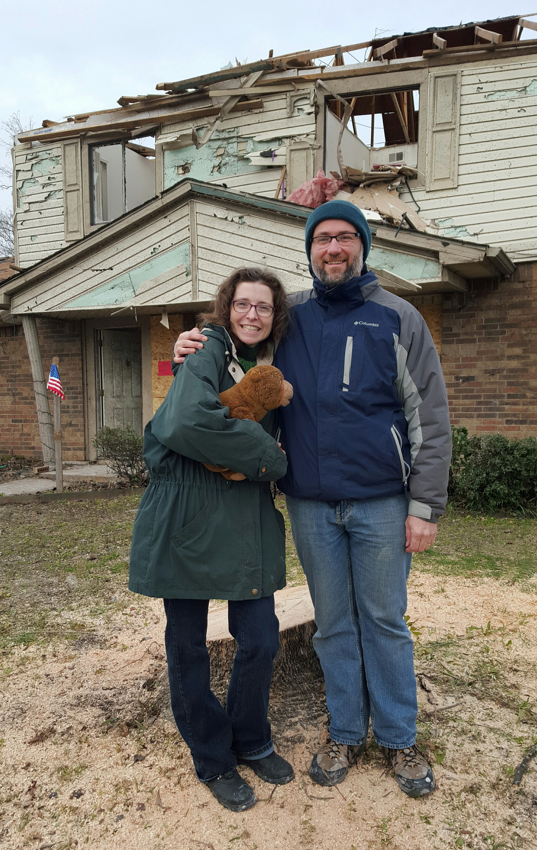 The Rev. Natalya Cherry and her husband, Paul, had their home destroyed by the Dec. 26 tornado in Rowlett, Texas. But finding Bo Bear, the favorite stuffed toy of their 8-year-old son, Gregory, raised their spirits. Photo by the Rev. Jan Davis