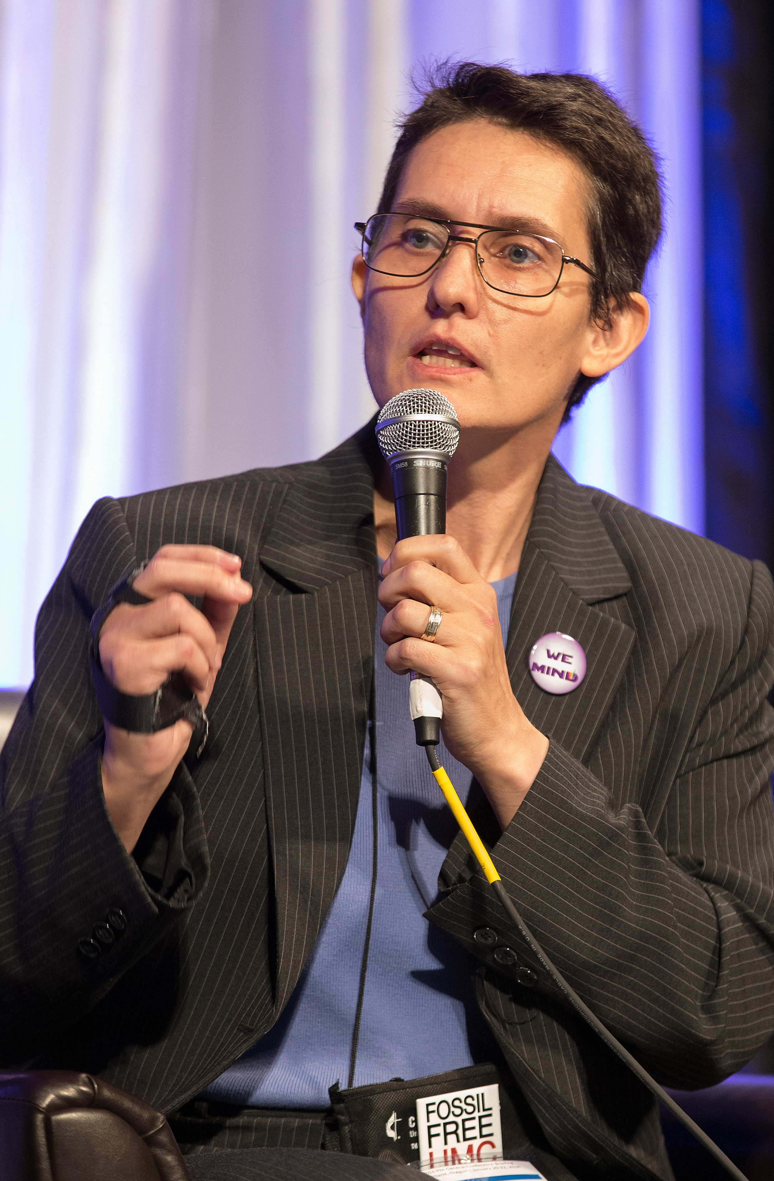 Dorothee Benz takes part in a panel discussion during the pre-General Conference briefing in Portland, Ore. Benz is a delegate from New York and national representative for Methodists in New Directions. 