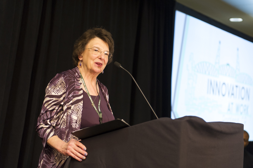 The Rev. Joan G. La Barr addresses her fellow communicators after being inducted into the United Methodist Association of Communicators Hall of Fame. Photo by Matt Brodie