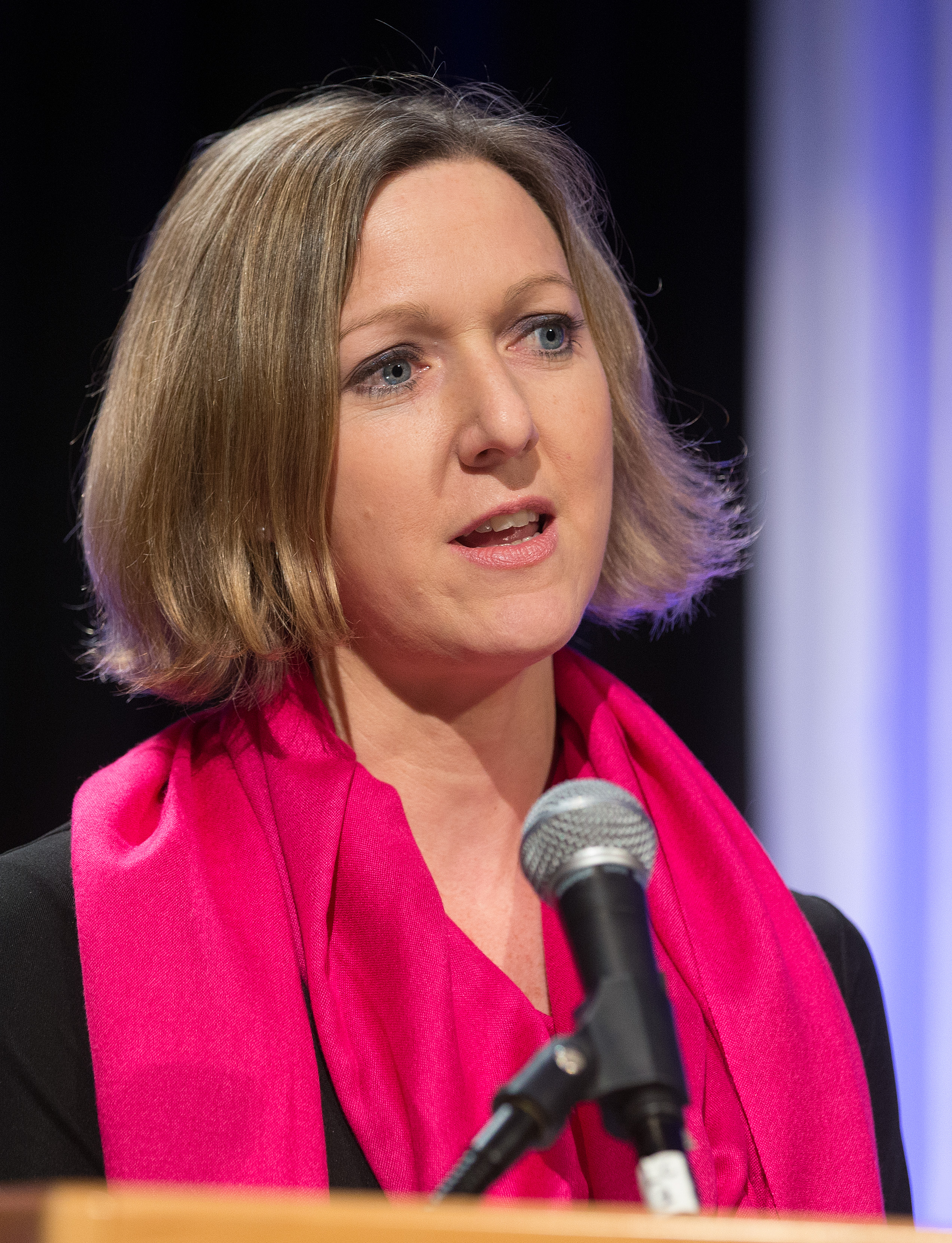 Kirsty Jenkinson of the United Methodist Board of Pension and Health Benefits addresses the pre-General Conference briefing in Portland, Ore. Photo by Mike DuBose, UMNS