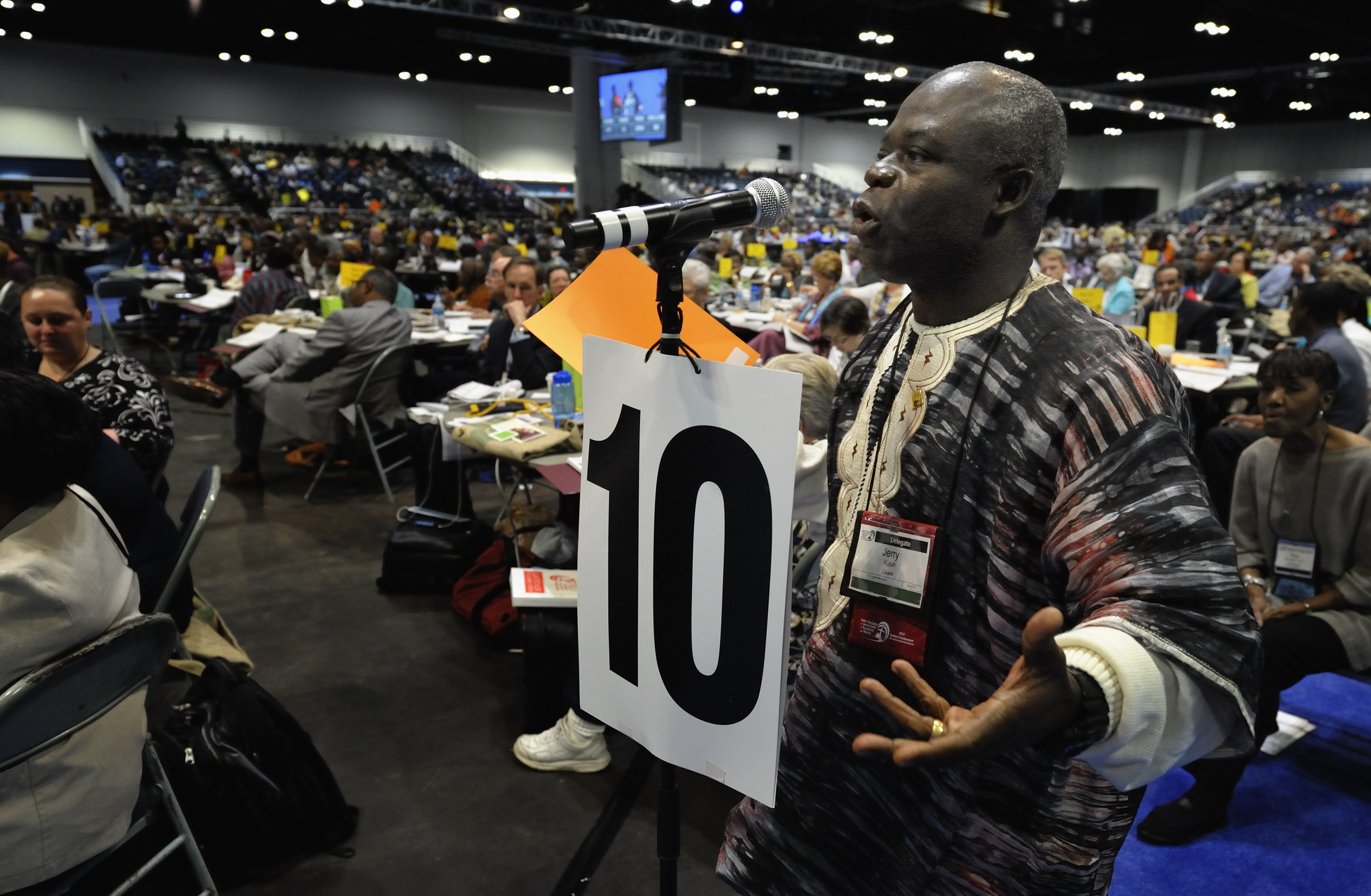 The Rev. Jerry Kulah, general coordinator of the Africa Initiative, said the movement of clergy and lay leaders, will host a gathering in Portland, Ore., for delegates from Africa before the 2016  General Conference. Kulah is shown in this file photo from the May 1 session of the 2012 United Methodist General Conference in Tampa, Florida. File photo by Paul Jeffrey, UMNS

