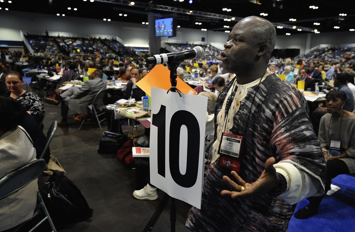 The Rev. Jerry Kulah, general coordinator of the Africa Initiative, said the movement of clergy and lay leaders, will host a gathering in Portland, Ore., for delegates from Africa before the 2016  General Conference. Kulah is shown in this file photo from the May 1 session of the 2012 United Methodist General Conference in Tampa, Florida. File photo by Paul Jeffrey, UMNS
