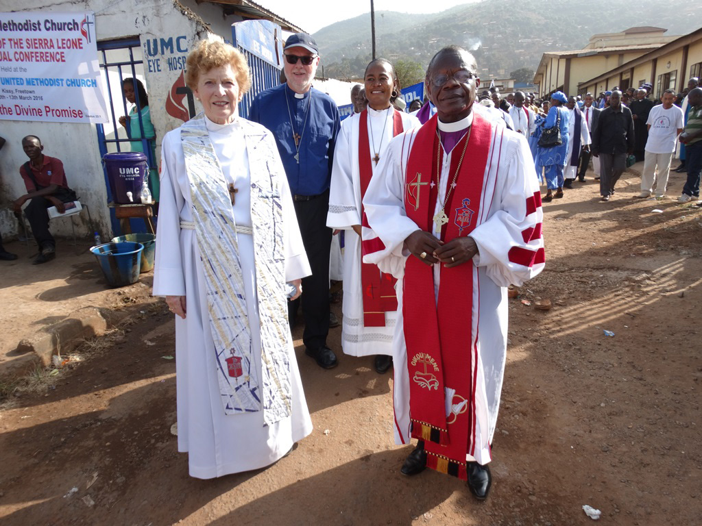 United Methodist clergy lead the “march past,” marking the beginning of the 136th session of the Sierra Leone Annual Conference at Brown Memorial United Methodist Church. In the foreground are Bishops Jane Allen Middleton, New York Conference and John G. Innis, Liberia.
