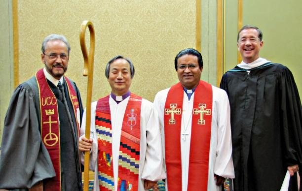 The Bishop Javier Rojas, a leader of the Evangelical Methodist Church, died March 12. He is pictured with United Methodist officials. (From left)  The Rev. Dr. Jorge L. Morales, United Church of Christ; United Methodist Bishop Hee-Soo Jung; Terán and Jim Winkler, former general secretary of the United Methodist Board of Church and Society. Photo by Anne Marie Gerhardt
