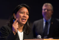 The Rev. Amy Valdez Barker at the Pre-General Conference briefing in Portland, Ore. Photo by Mike DuBose, UMNS.