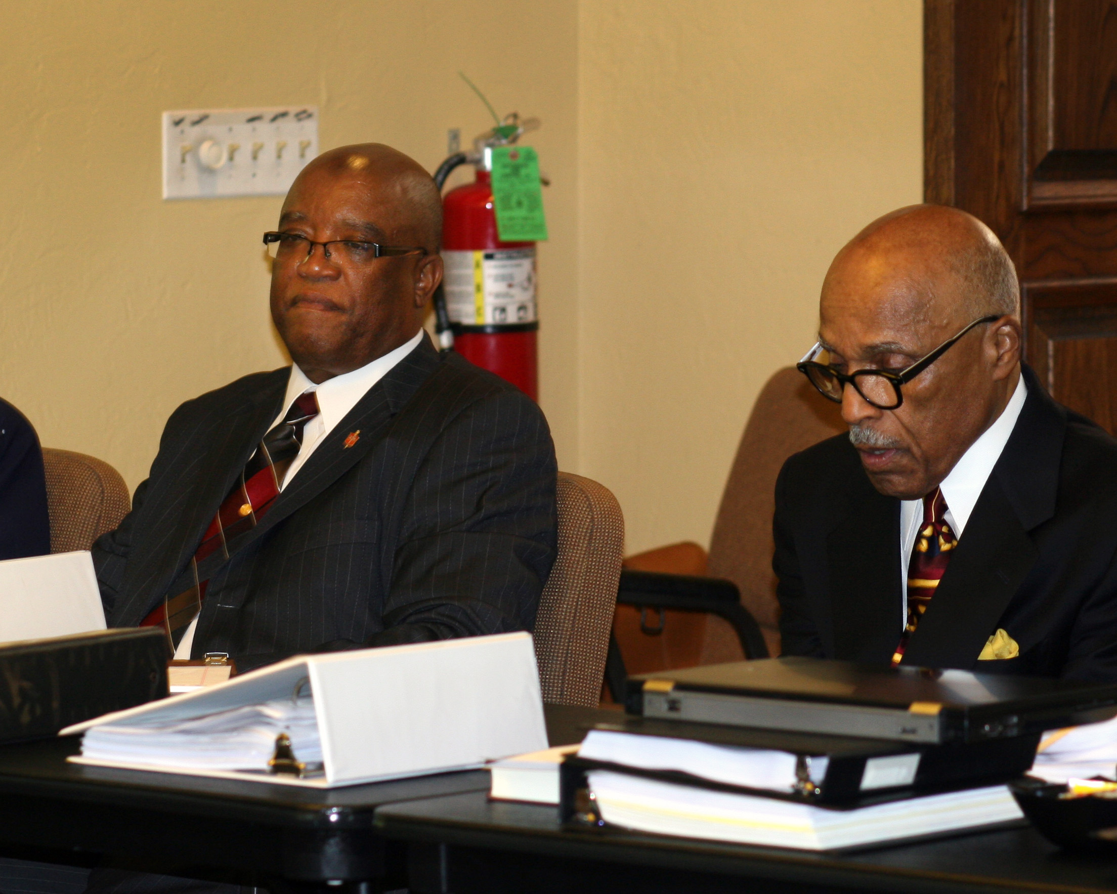 Bishop W. Earl Bledsoe (left) and his advocate, the Rev. Zan Holmes Jr., a retired pastor, before the start of Bledsoe's hearing with the South Central Jurisdiction Episcopacy Committee.