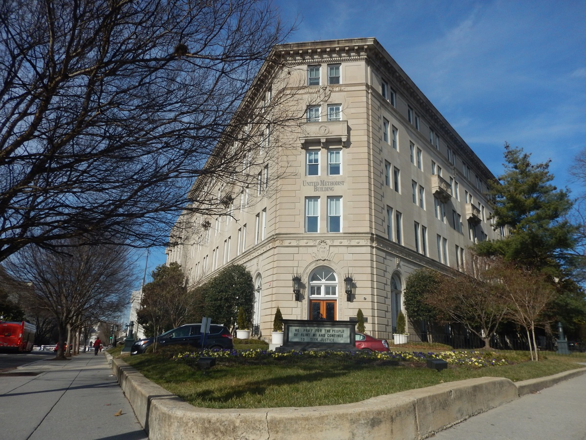 The United Methodist Building is the only non-government building on Capitol Hill in Washington. The historic building houses the offices of the General Board of Church & Society and other organizations. The address is 100 Maryland Ave., N.E., Washington, DC 20002. 