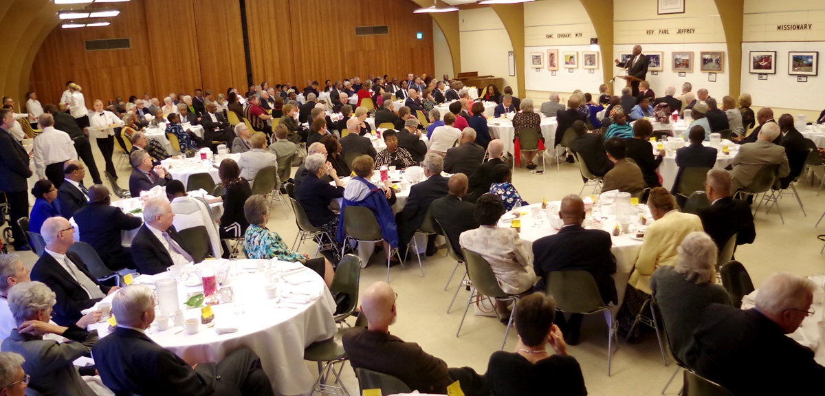 Bishop Warner Brown addresses the Council of Bishops inside Collins Hall at First United Methodist Church in Portland, Ore. 