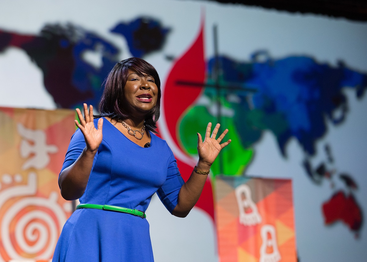 Erin Hawkins, top executive of the United Methodist Commission on Religion and Race, speaks on May 10 to the United Methodist General Conference in Portland, Ore. Photo by Mike DuBose, UMNS