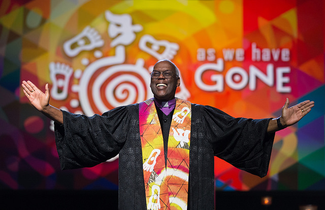 Bishop Warner H. Brown Jr. helps lead opening worship at the 2016 United Methodist General Conference in Portland, Ore. Photo by Mike DuBose, UMNS
