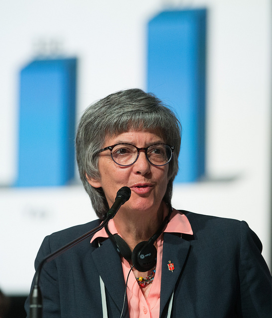 Bishop Hope Morgan Ward watches as votes are tallied showing the defeat of "Rule 44," a process for small group discernment, at the 2016 United Methodist General Conference in Portland, Ore. Photo by Mike DuBose, United Methodist Communications. #UMCGC