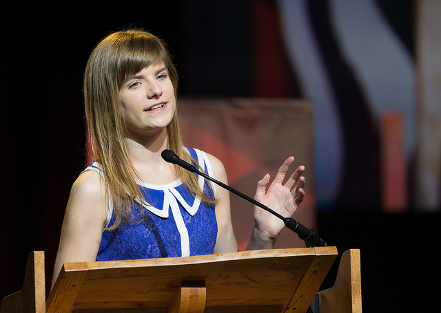 Hannah Foust talks about her efforts to raise money for water wells in Burkina Faso during a report on the work of the Connectional Table at 2016 United Methodist General Conference in Portland, Ore. Photo by Mike DuBose, UMNS